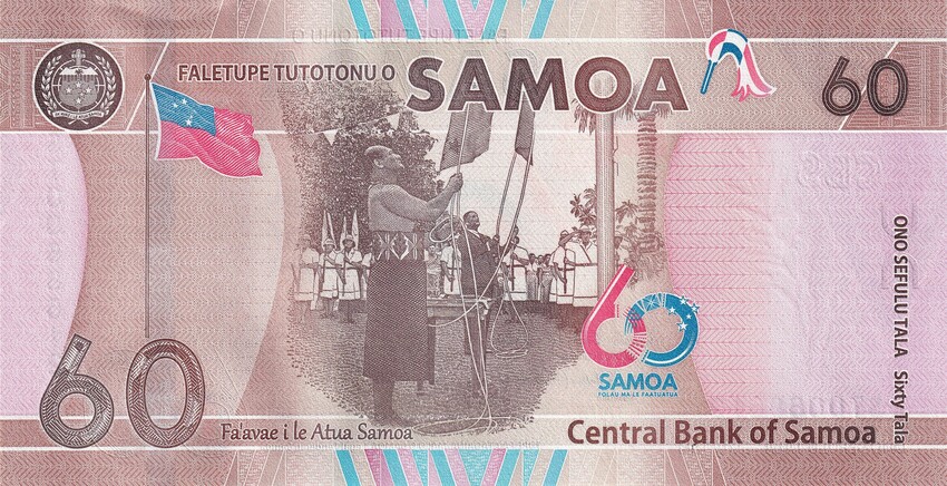 The reverse side of the note, featuring Fiame Mata’afa Faumuina Mulinu’u II and NZ PM Keith Holyoake lowering the NZ Flags during Samoa Independence Day 1962