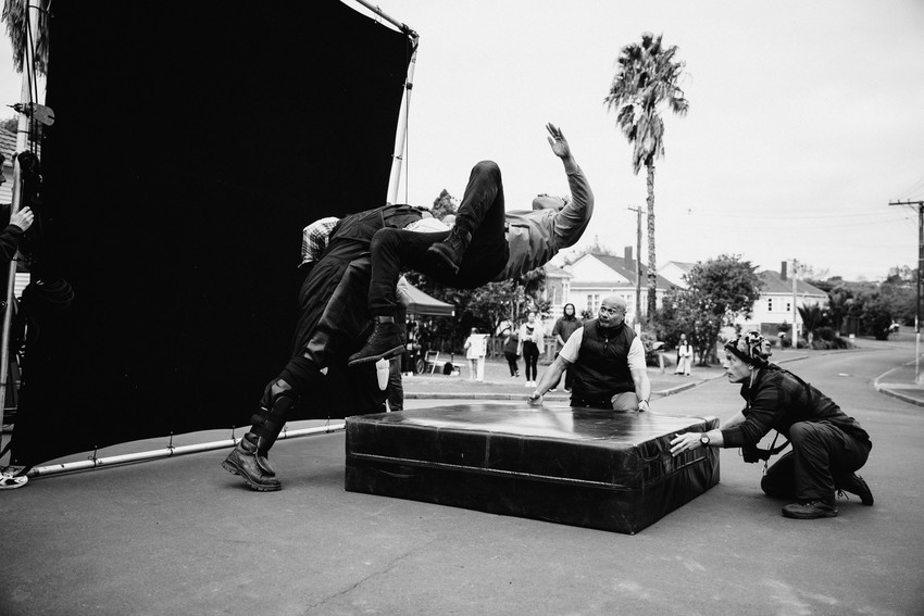 Uli in a stunt scene on 'The Legend of Baron To'a'