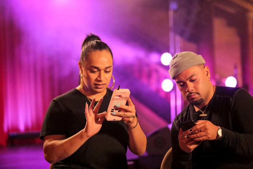 Co-Directors Amanaki Prescott-Faletau & Mario Faumui taking a break during rehearsals for 'The Heels are Alive'