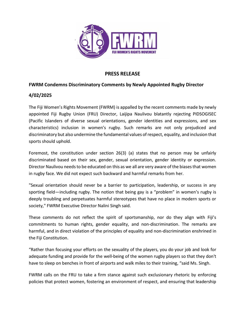 Fiji Women's Rights Movement - Full Statement