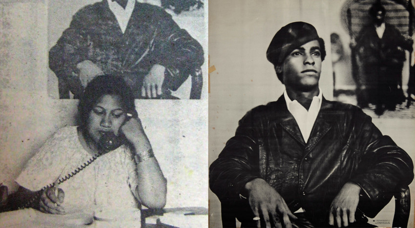 LEFT: Ama Ness, a Polynesian Panther Party community worker aids people over the telephone infront of a photo of Huey P Newton. RIGHT: The full photo of Huey P Newton that appears behind Ama.