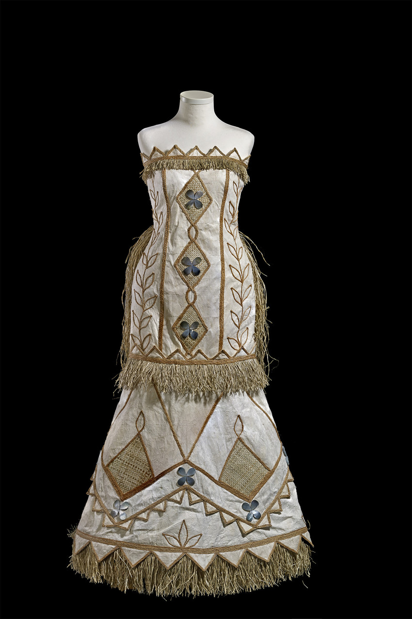 Barkcloth Wedding dress designed by Paula Chan displayed at the British Museum in the extensive Oceania Collection