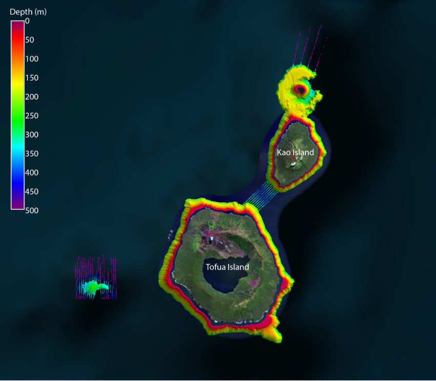 Water depths around the Tongan islands of Tofua and Kao collected by airborne LiDAR and multi-beam echo sounders show a number of interesting geological features. To the north, Kao is an active volcano with an intact cone. Canyons exist along the we