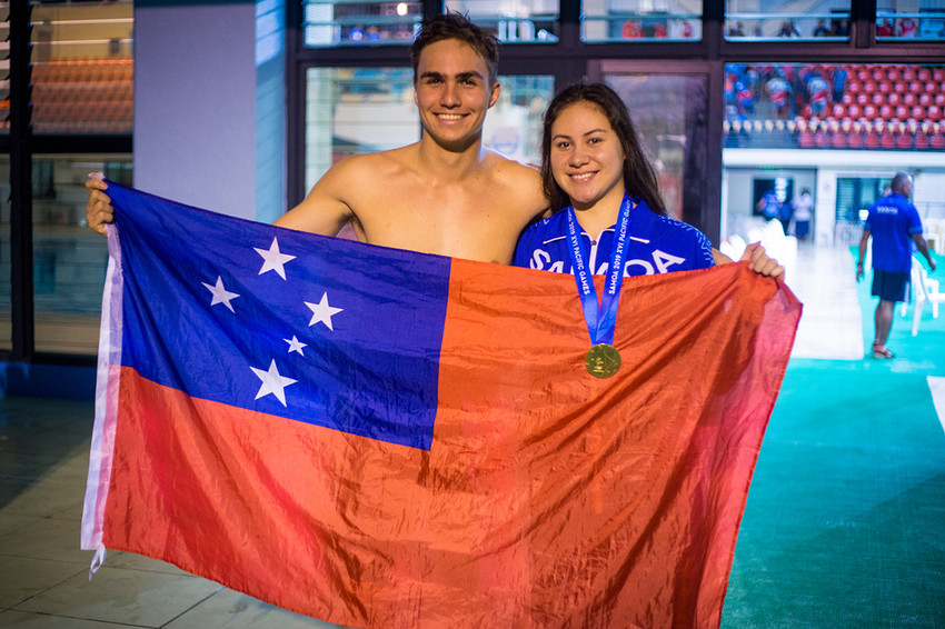 Hometown hero & Best Male athlete of the Pacific Games 2019 - Brandon Schuster - with fellow Gold Medallist Lushavel Stickland
