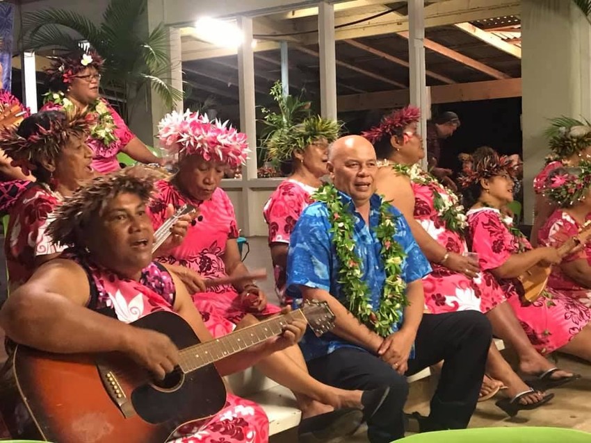 Sir Collin Tukuitonga with group of women singers from Fineone Hakupu Atua village during PMA conference in Niue Sept 2019
