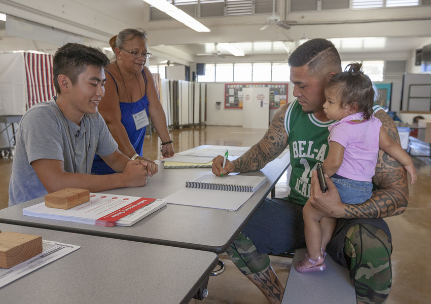 Precinct workers help a voter sign in before voting. Photo Credit: Honolulu Beat