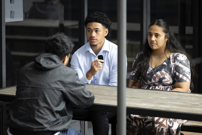 Team Leader Josiah Seleni and Team Manager Alaimalo Mataafa with the Coconet TV. Photo Credit: University of Auckland / Ben Campbell