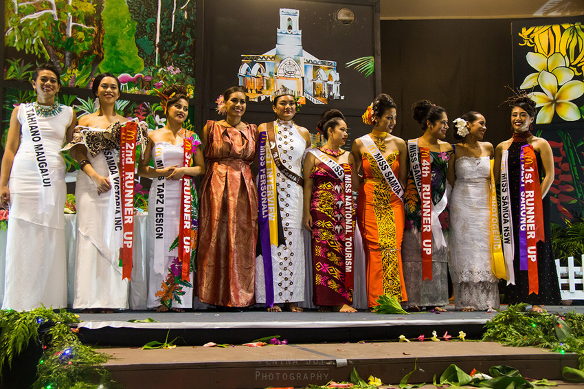 Newly crowned Miss Samoa 2017 with Miss Samoa 2016 and this years contestants