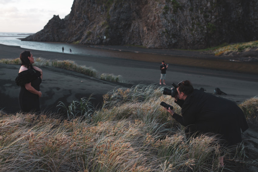 Behind the scenes with NUKU I Kiri Nathan at Karekare Beach I Photo: Taylor Aumua