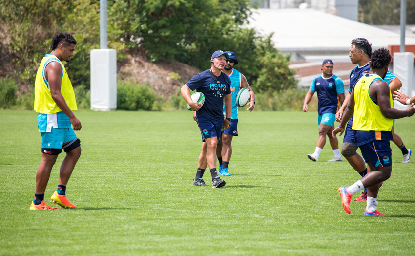 Head coach Aaron Mauger with the Moana Pasifika team during a team training session