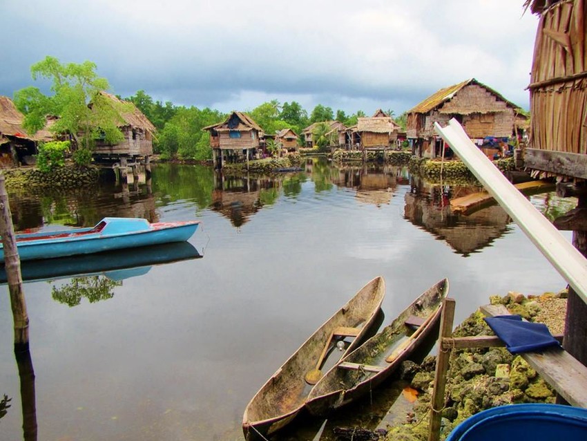 Village of Lilisiane in the Solomon Islands who have had to build on high stone walls to escape the rising sea levels