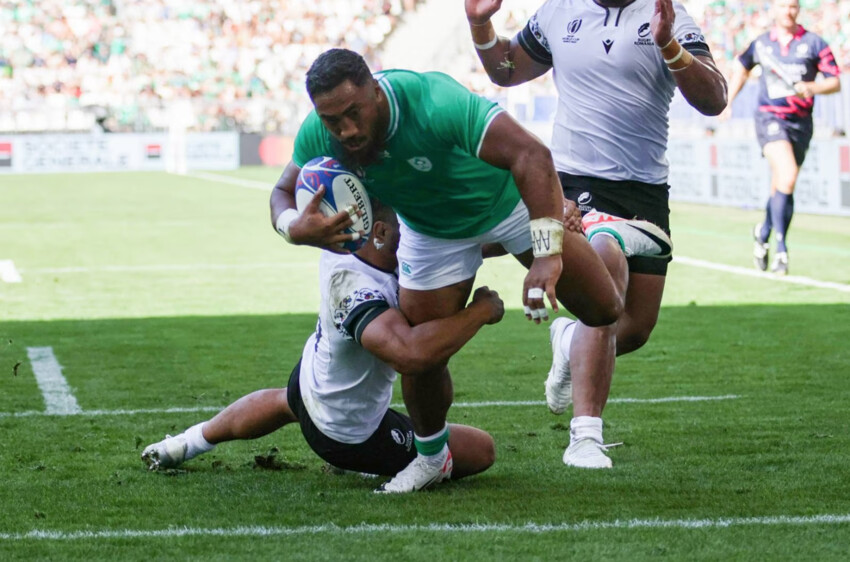 Bundee Aki scores Ireland’s fourth try during the Rugby World Cup Pool B game against Romania at Stade de Bordeaux. Photograph: Laszlo Geczo/Inpho