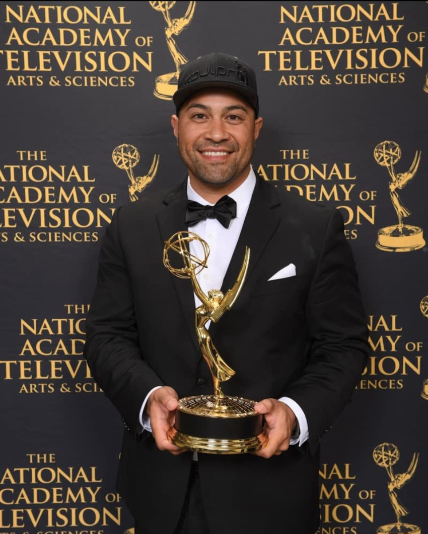 Tongan director Tony Vainuku with his Emmy for his feature length documentary 'In Football We Trust'