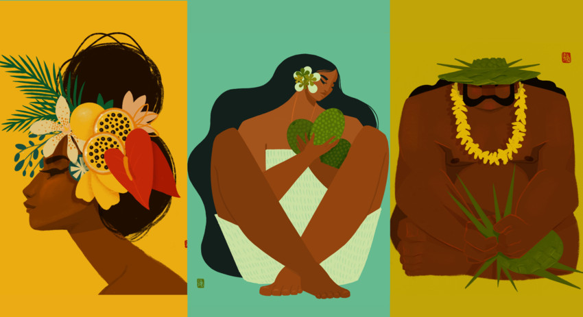 Shar's artwork. (L-R) Lilikoi, Ulu Mama and Unko Weaver