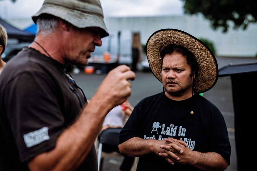 Vela talking to the Director of Photography Grant Mackinnon