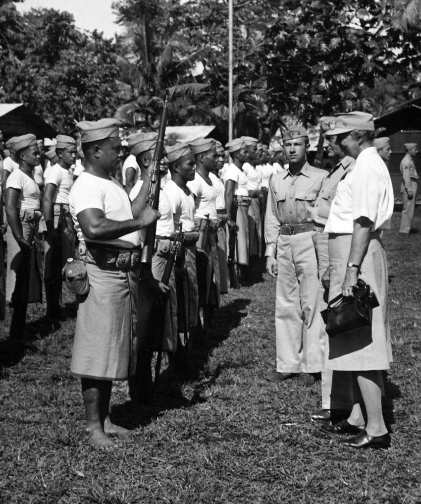 Fita-Fita Guard, circa WWII. Mrs. Franklin D. Roosevelt reviews the native Samoan Fita-Fita Guard in the South Pacific. Major General C.F. B. Price, USMC, Commanding General of the area and Captain John R. Napton, Jr., USMCR, accompany her. Official