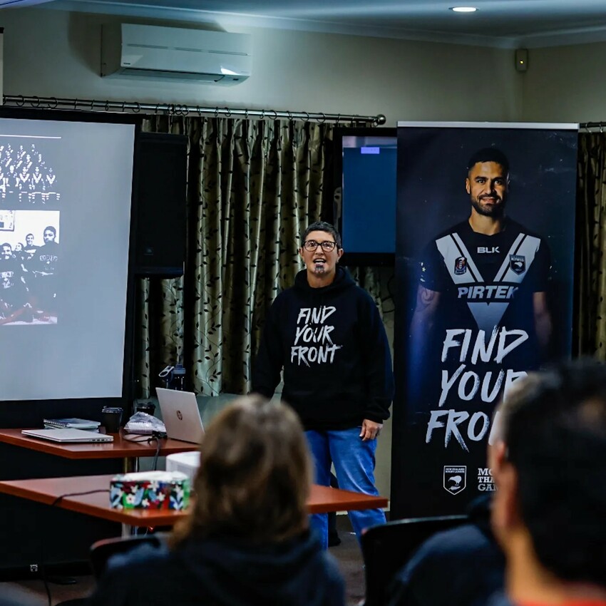 Carmen presenting at the inaugural NZRL Wellbeing hui. Photo credit: Cliff Thompson