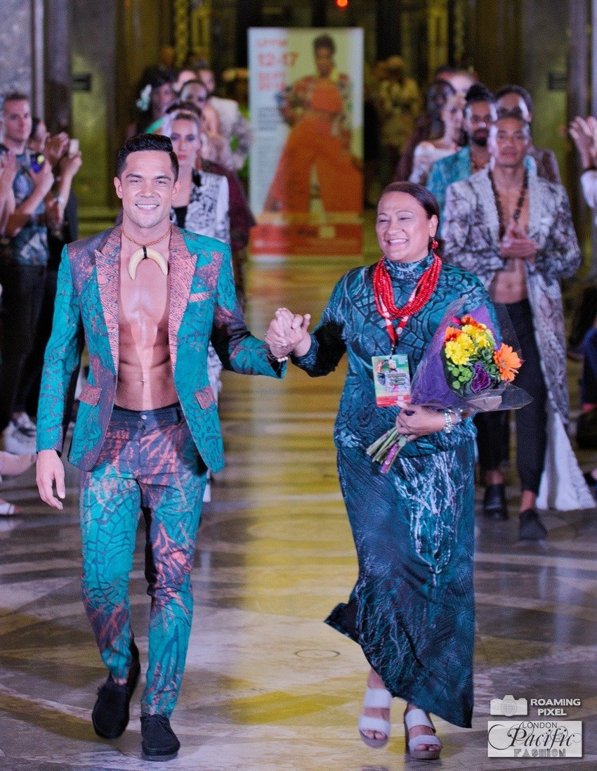 Designer Cecilia Peterson-Keil with Nick Afoa at London Pacific Fashion Week. Photo Credit: Roaming Pixel Photography