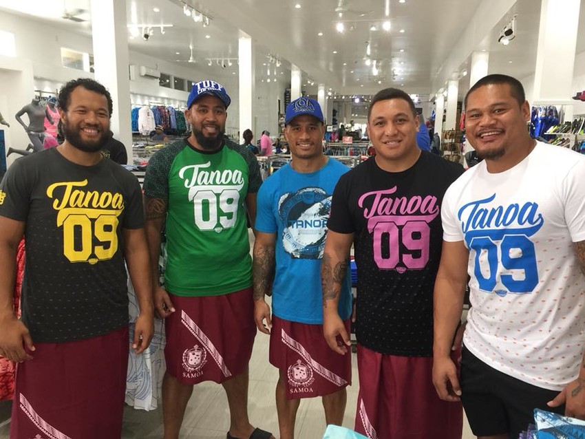 Toa Samoa players at the Apia store in their Tanoa tees